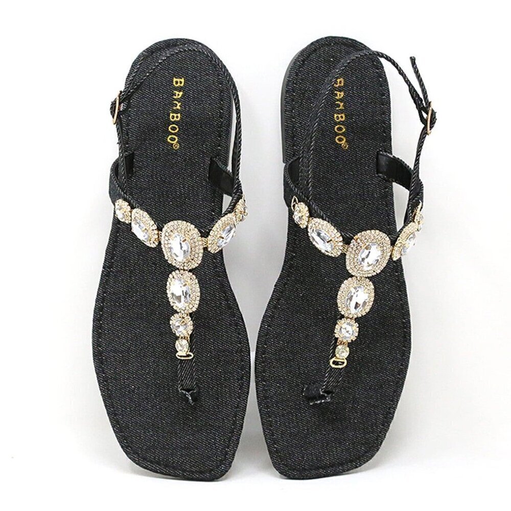 Jeweled Dark Black Denim Dressy Strap Bling Gold Accent Sandals Size 7/7.5/8/8.5 - Picture 6 of 12